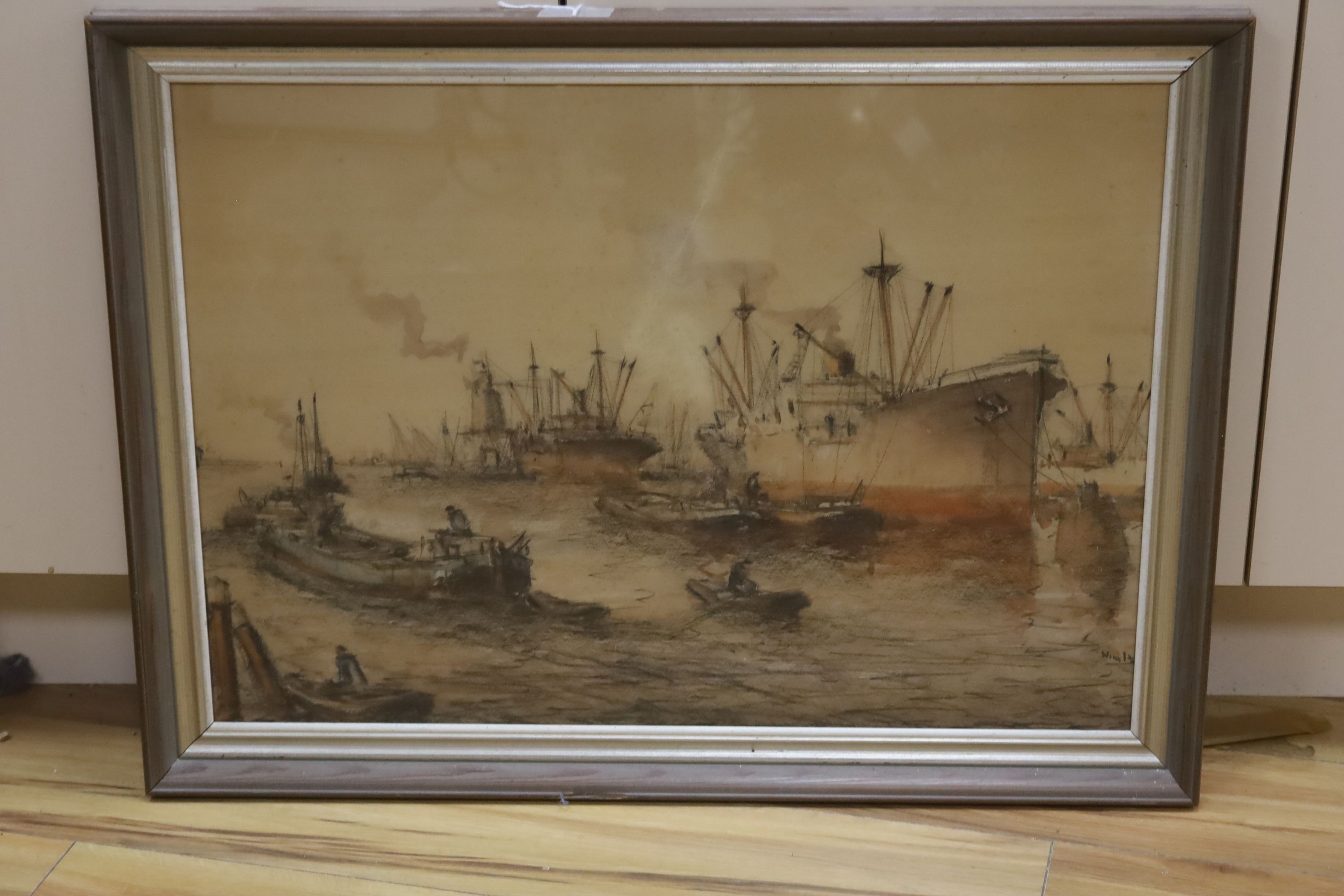 Dutch Marine School (20th century), watercolour and charcoal, Harbour scene with barges and other shipping, signed Wim/25, 49 x 68cm, 48 x 68cm (repaired tear)